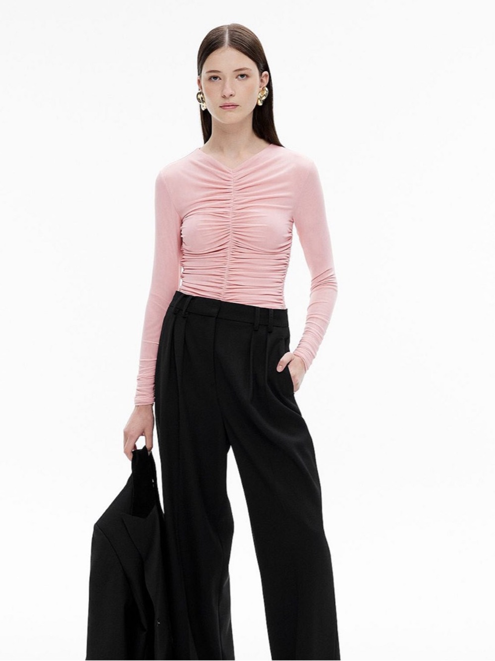 Witchery Gathered Front Long Sleeve Top Ruched Pink Size XS - Picture 2 of 7